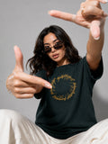 Woman Waffle knit Embroidered Cotton Relaxed  Fit T-Shirt: Bottle Green