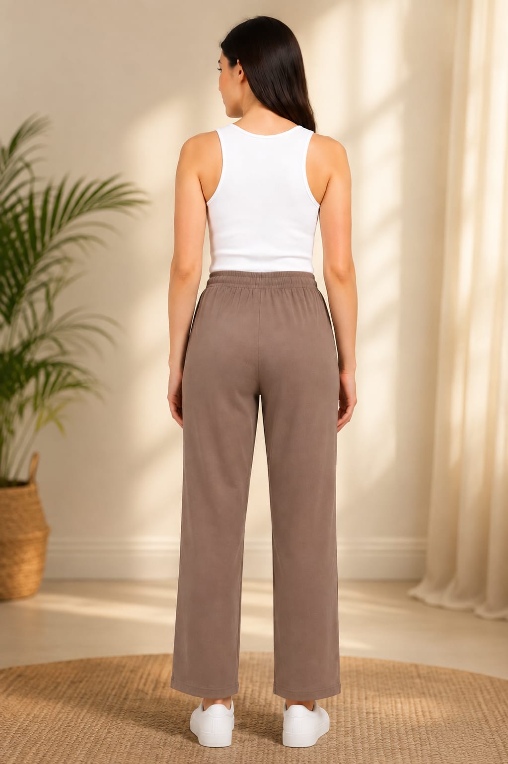 High Rise Cotton Straight Taupe Brown Trackpants
