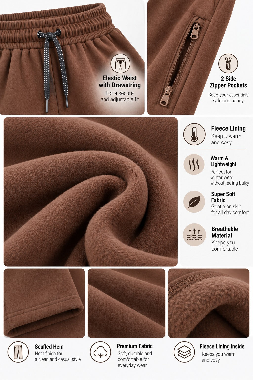 Winter Wear Cozy Fleece Track Pants - Dark Brown