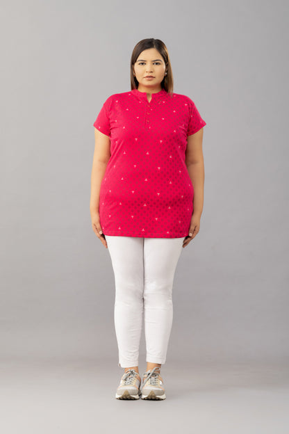 Women Mandarin Collar Printed Cotton Long Top- Dark Pink