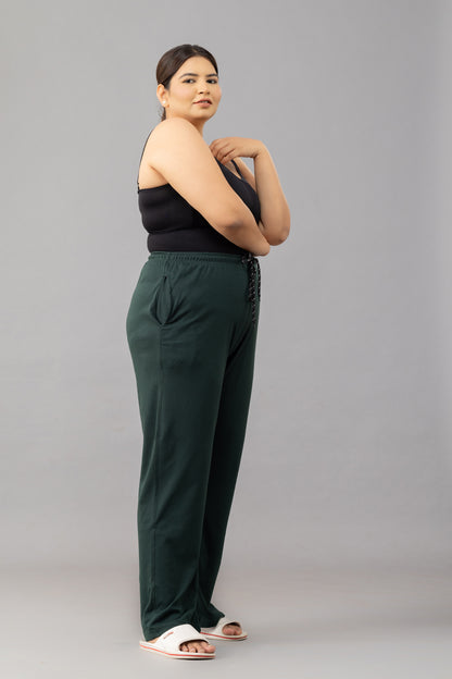 High Rise Cotton Straight  Bottle Green Trackpants(Available in Plus Size)