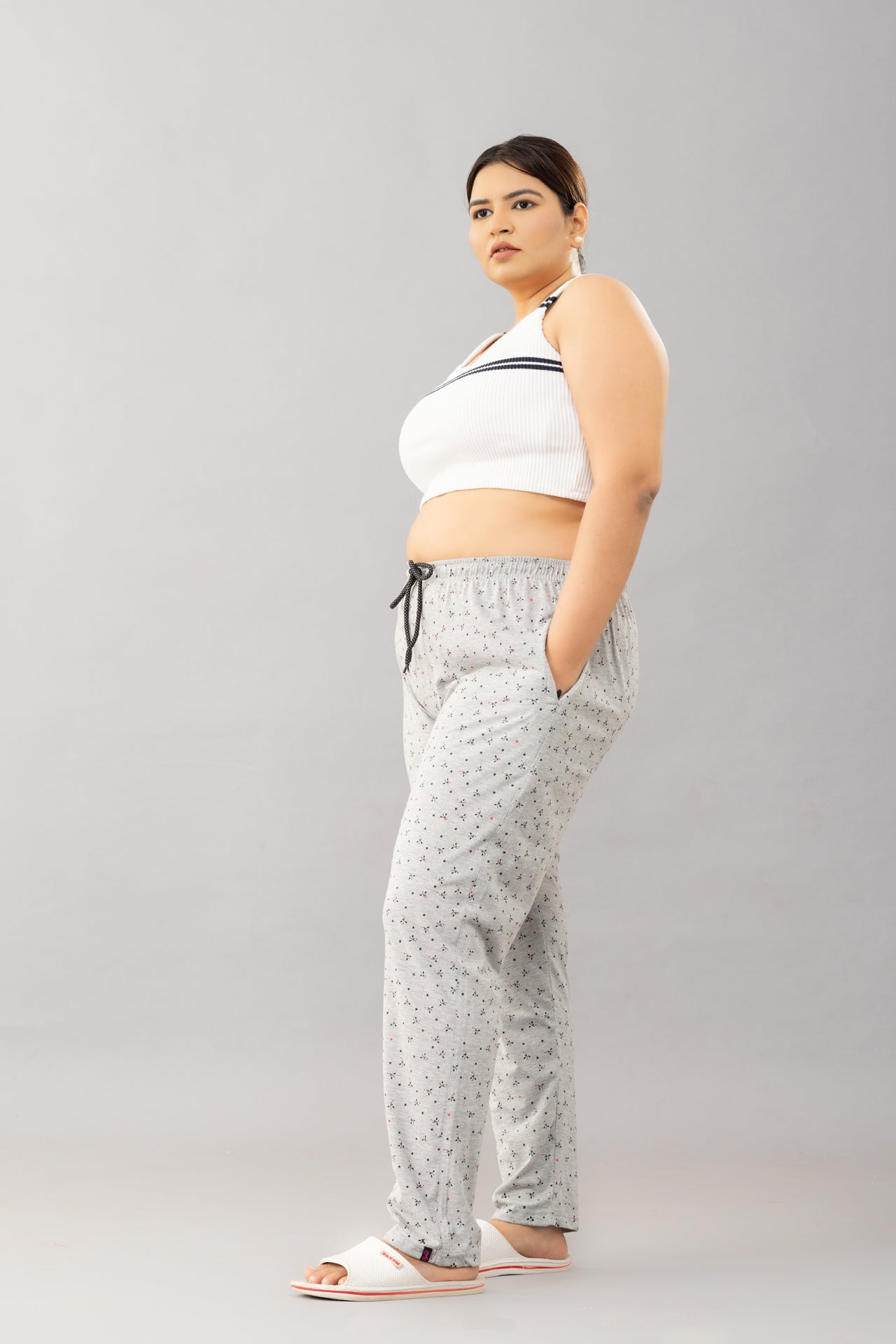 Cotton Printed All Day Night Pants For Women - Grey