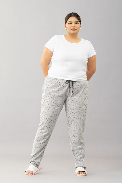 Cotton Printed All Day Night Pants For Women - Grey