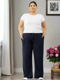 High Rise Cotton Straight Navy Blue Trackpants