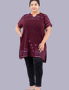 Plus Size Printed Long Tops For Women Half Sleeves - Wine