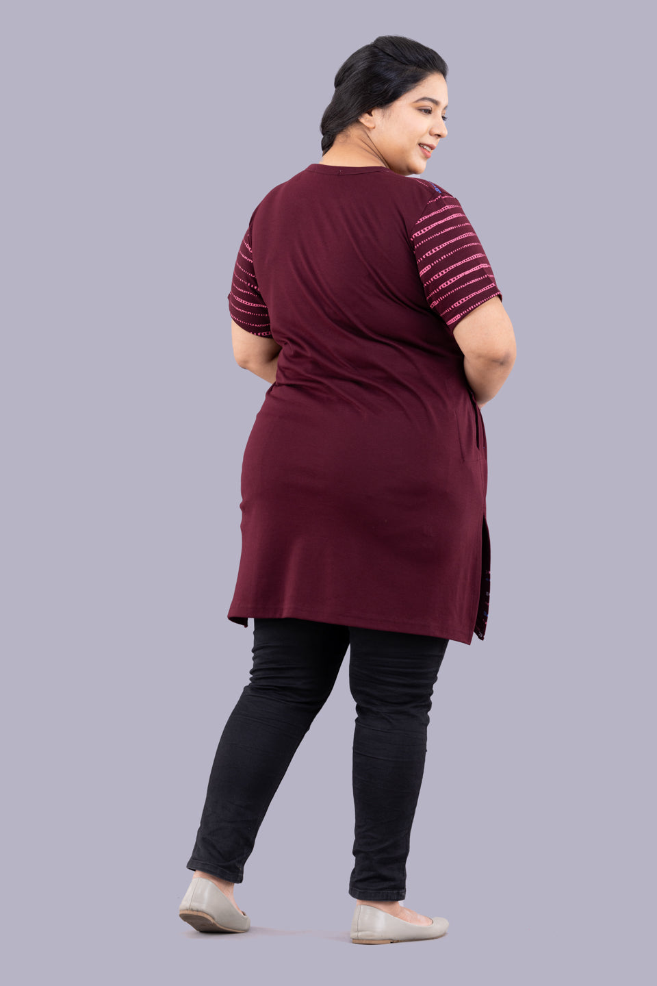 Plus Size Printed Long Tops for Women Full Sleeves - Wine At Best Prices
