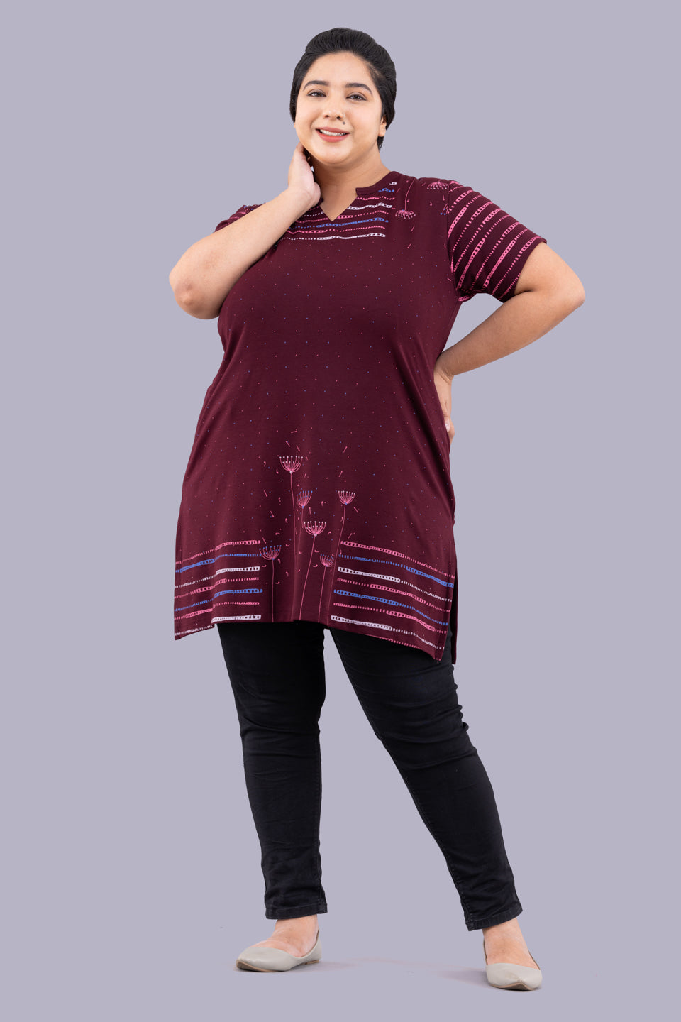 Plus Size Printed Long Tops for Women Full Sleeves - Wine At Best Prices