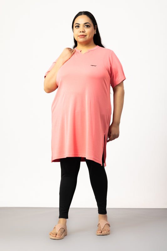 Plus Size Half Sleeves Long Top For Women - Pink