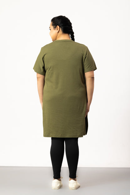 Plus Size Half Sleeves Long Top For Women - Olive Green