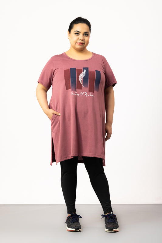 Plus Size Long T-shirt For Women - Half Sleeve - Mauve