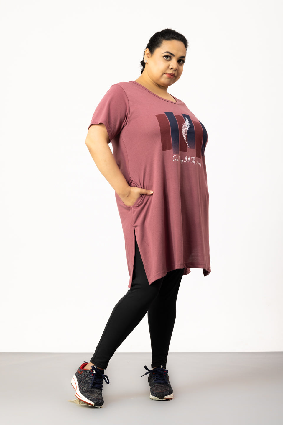 Plus Size Long T-shirt For Women - Half Sleeve - Mauve