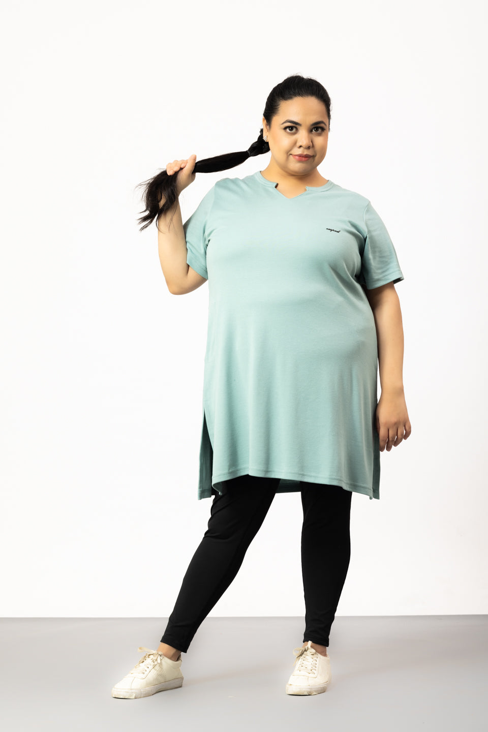 Plus Size Half Sleeves Long Top For Women - Sage