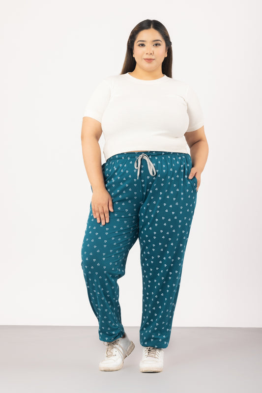 Cotton Printed Night Pants For Women - Teal Blue