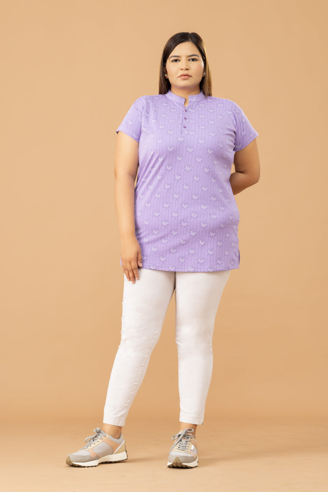 Women Mandarin Collar Printed Cotton Long Top- Violet