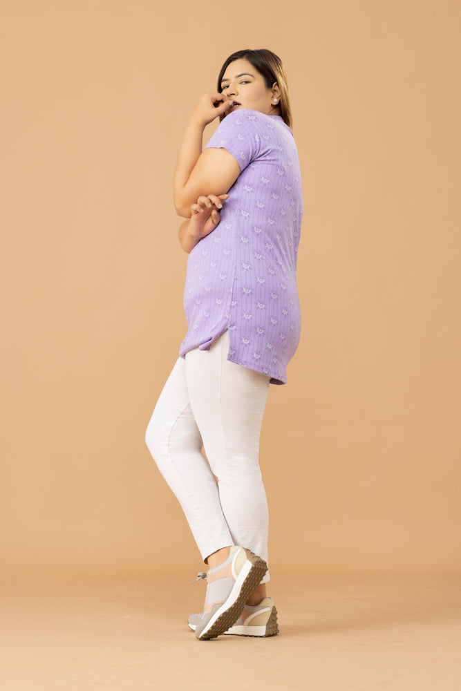 Women Mandarin Collar Printed Cotton Long Top- Violet