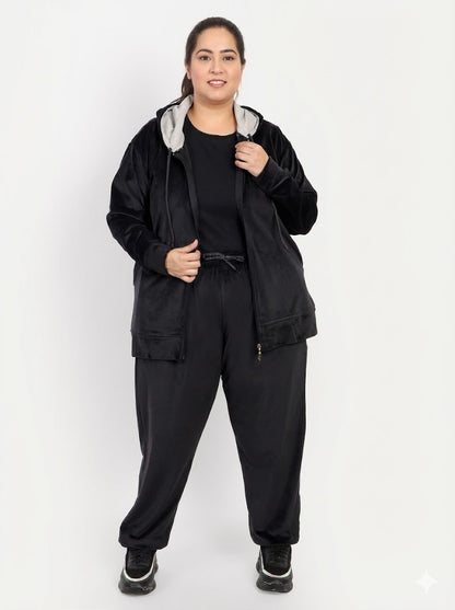 Winter Cotton Velvet Tracksuit For Women - Black