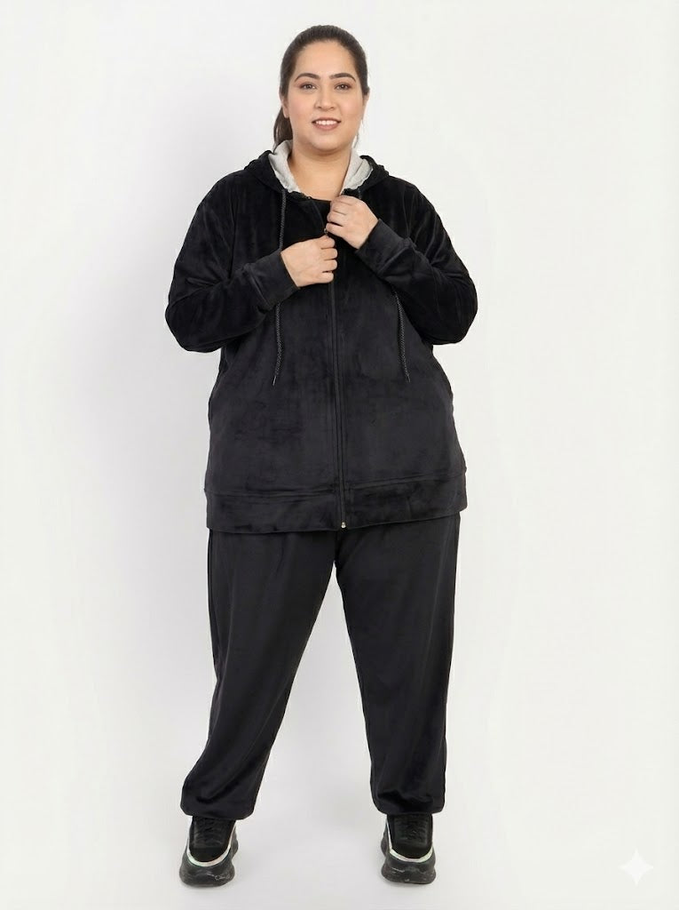 Winter Cotton Velvet Tracksuit For Women - Black