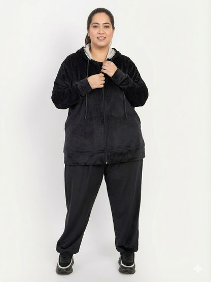 Winter Cotton Velvet Tracksuit For Women - Black