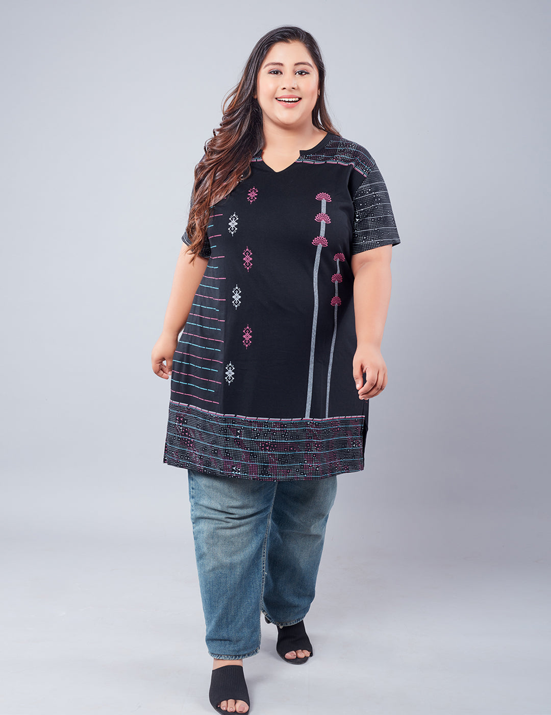 Plus Size Printed Long Tops For Women Half Sleeves T-shirts - Navy