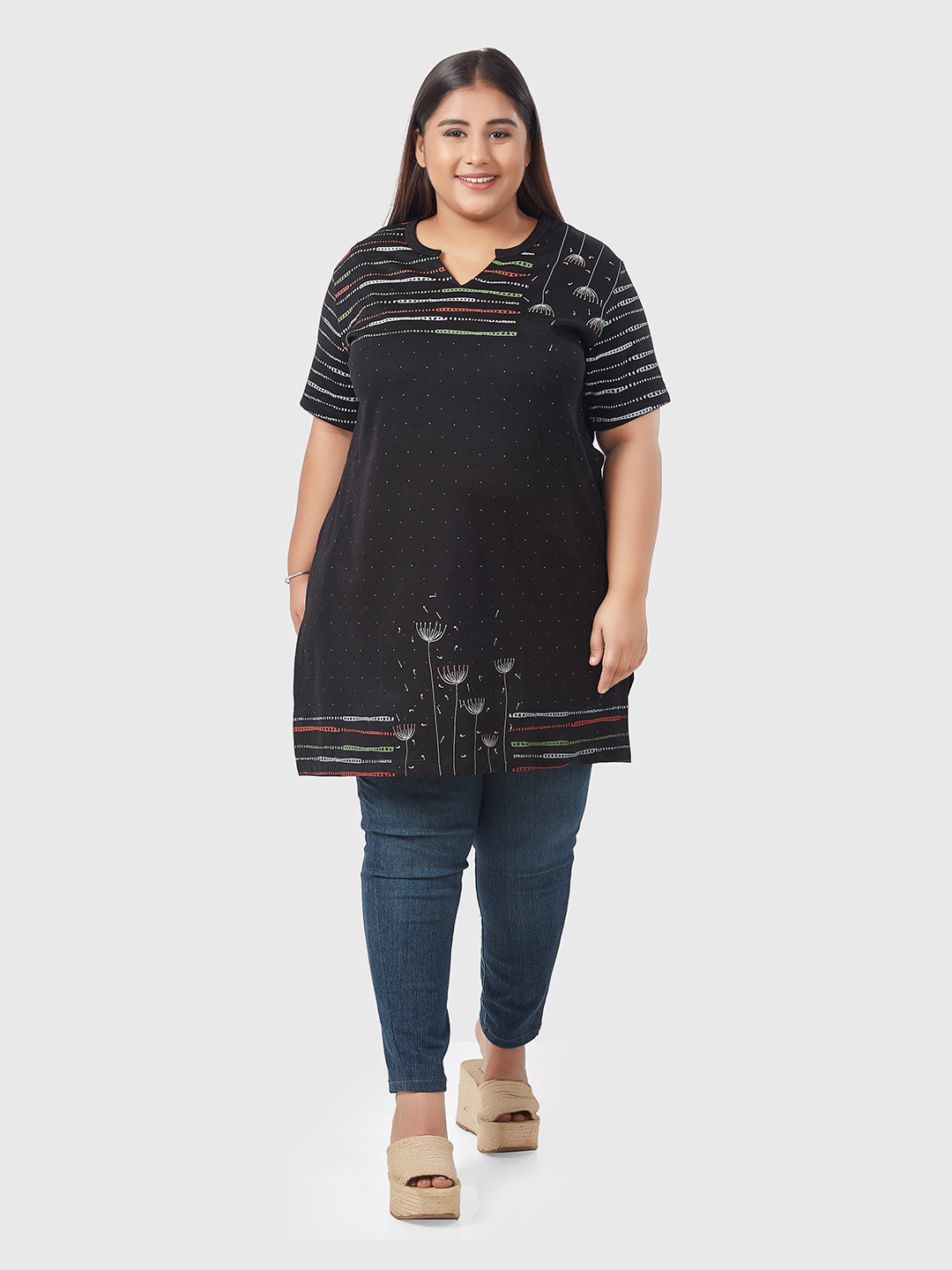 Comfortable Plus Size Print Long Top For Women In Half Sleeves - Multicolor