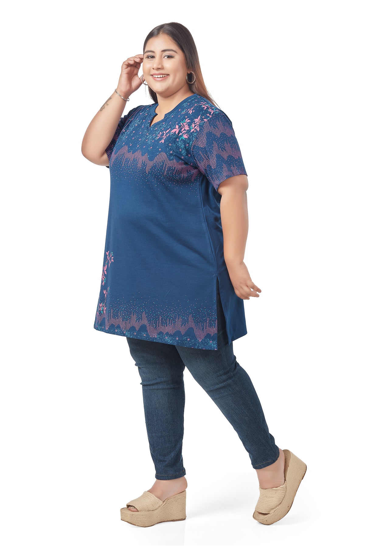 Plus Size Printed Long Tops For Women Half Sleeves - Pack of 2 (Pink & Blue)