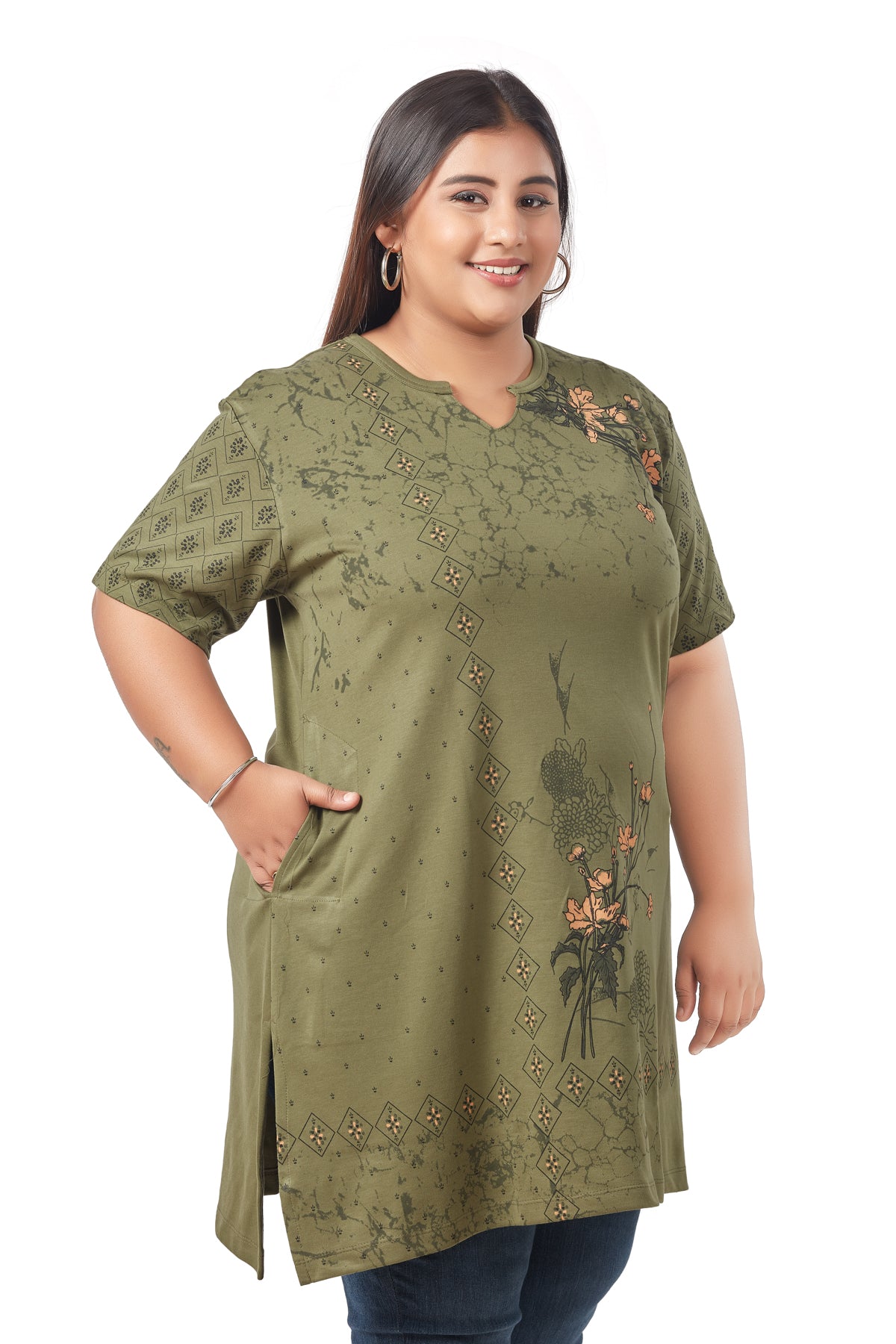 Buy Comfortable Half Sleeves Plus Size Print Cotton Long Top For