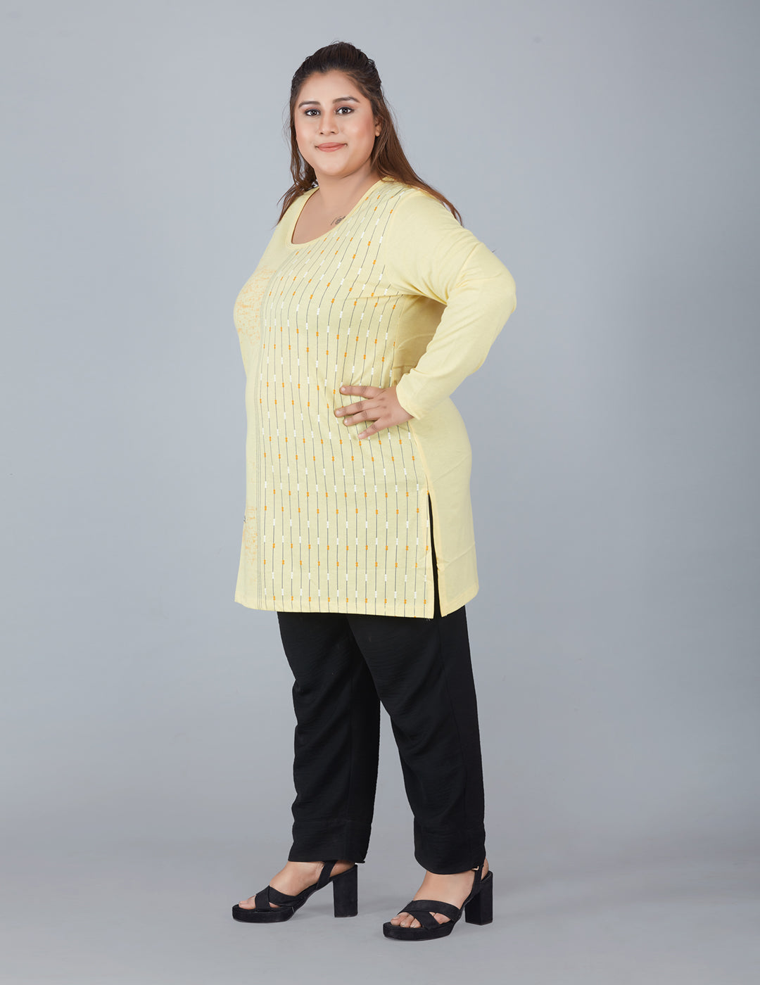 Cotton Long Top for Women Plus Size - Full Sleeve - Yellow