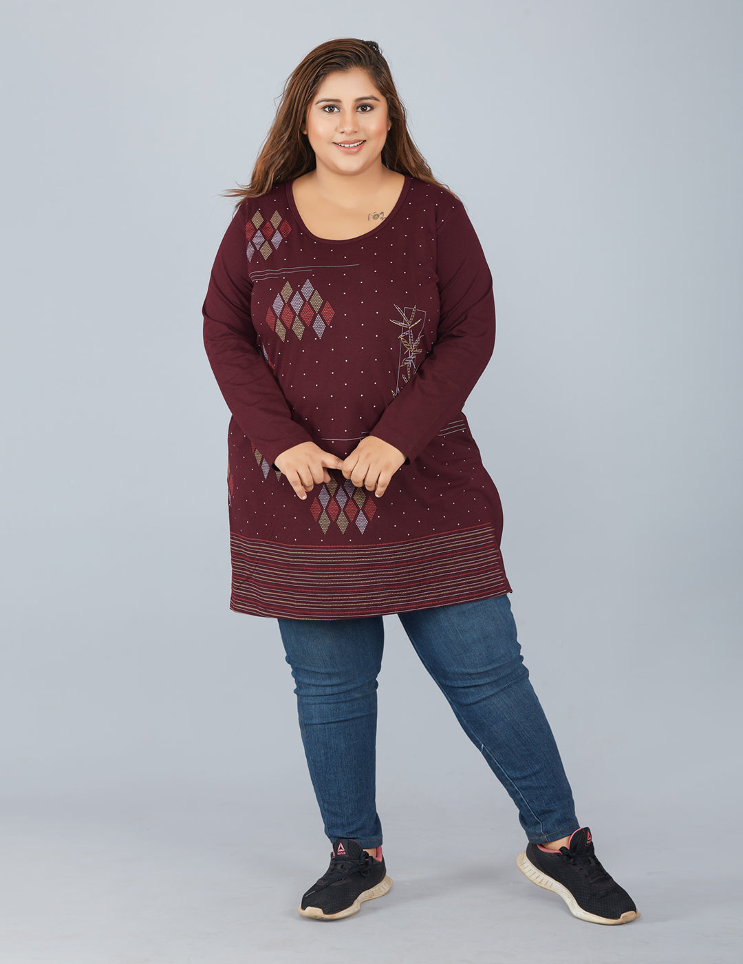 Cotton Plus Size Long Tops For Women In Full Sleeves- Wine At Best Online