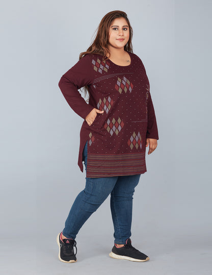 Cotton Plus Size Long Tops For Women In Full Sleeves- Wine At Best Online