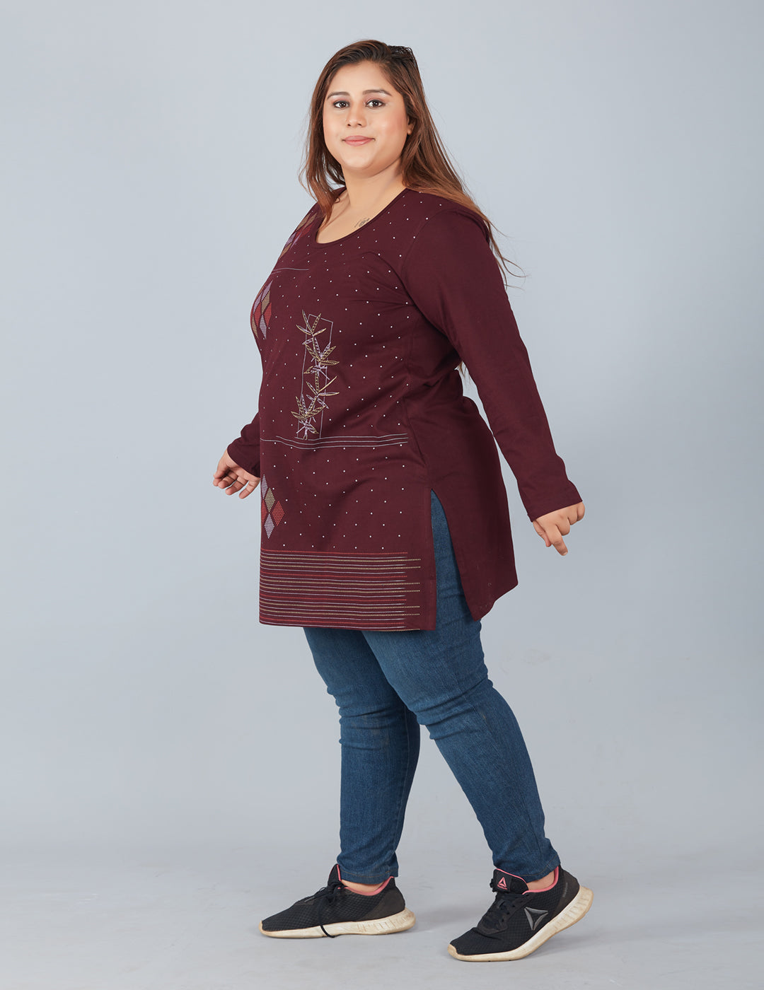 Cotton Long Top for Women Plus Size - Full Sleeve - Wine
