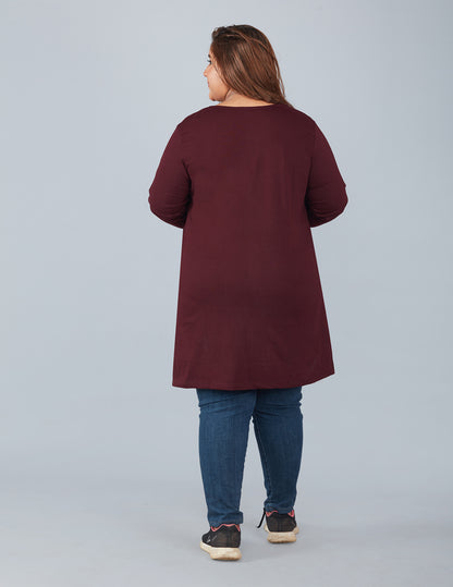 Cotton Plus Size Long Tops For Women In Full Sleeves- Wine At Best Online