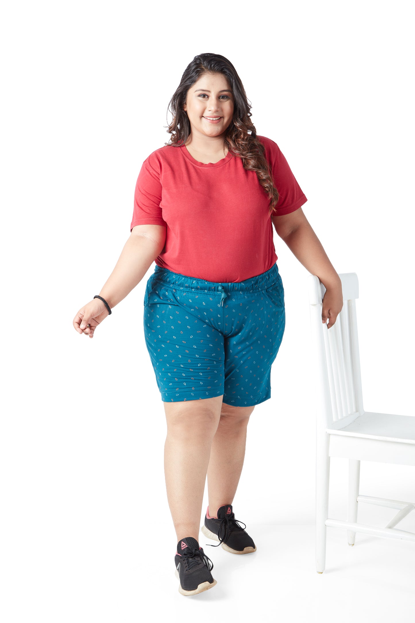 Plus Size Cotton Shorts For Women - Printed Bermuda - Teal Blue