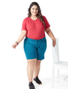 Plus Size Cotton Shorts For Women & Girls-Printed Bermuda - Teal Blue
