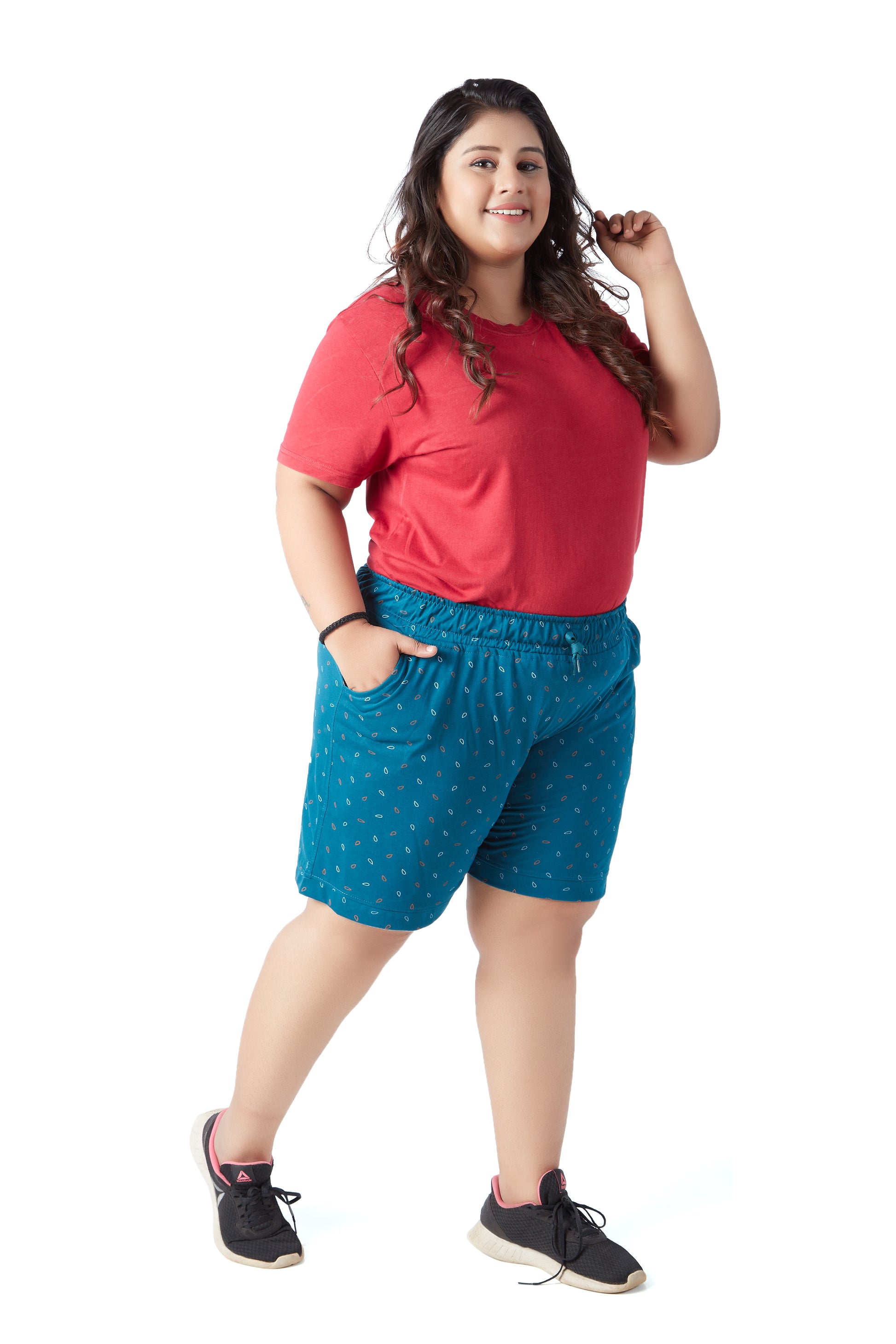 Comfortable Teal Blue Printed Bermuda Cotton Plus Size Shorts For Women Online In India