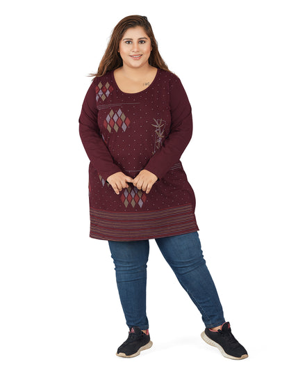 Cotton Long Top for Women Plus Size - Full Sleeve - Wine