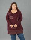 Cotton Long Top for Women Plus Size - Full Sleeve - Wine