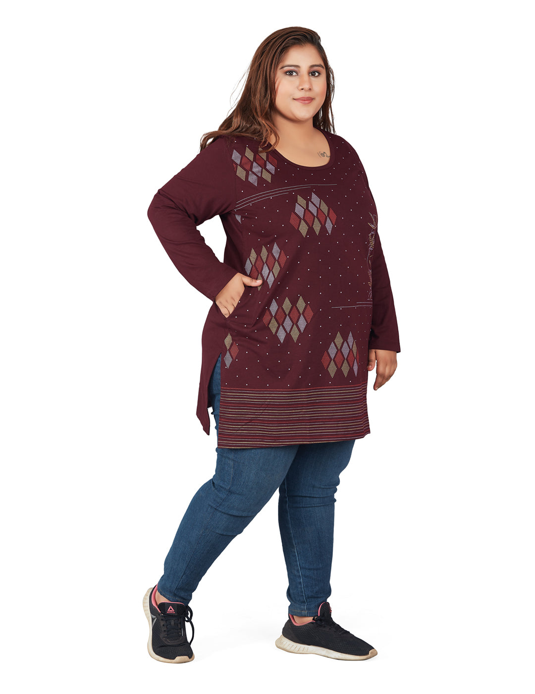 Cotton Long Top for Women Plus Size - Full Sleeve - Wine