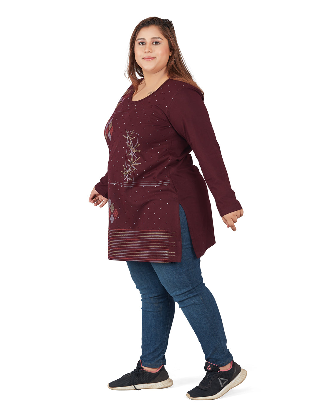 Cotton Long Top for Women Plus Size - Full Sleeve - Wine