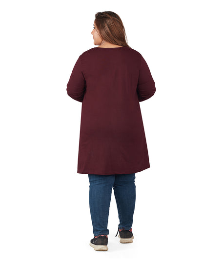 Cotton Long Top for Women Plus Size - Full Sleeve - Wine