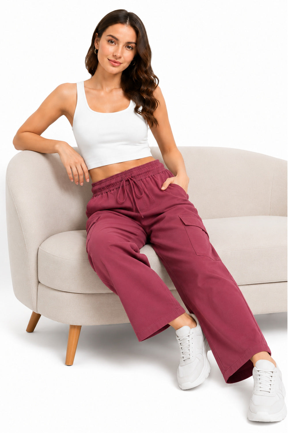 Women Smart Straight Fit Easy Wash Cargo Pants-Rose Pink
