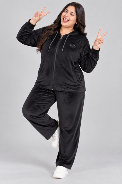 Winter Cotton Velvet Tracksuit For Women - Black
