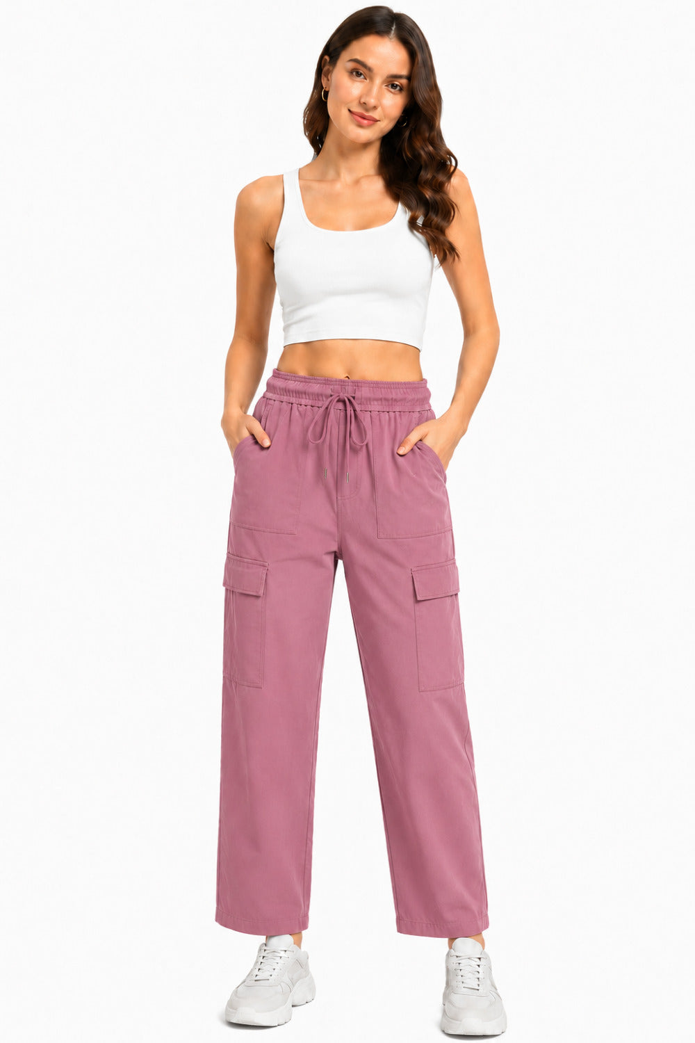 Women Smart Straight Fit Slay Cargo Pants-Mauve