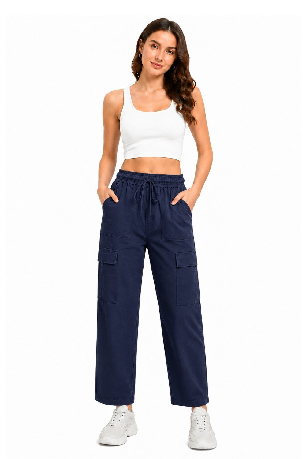 Women Smart Straight Fit Slay Cargo Pants-Navy