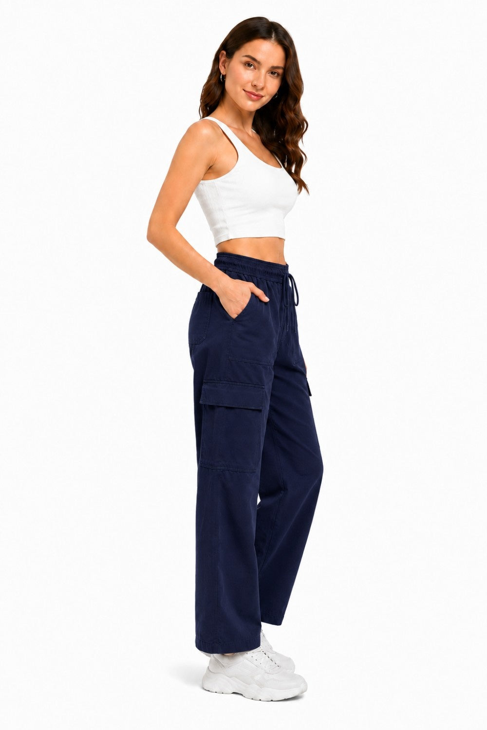Women Smart Straight Fit Slay Cargo Pants-Navy