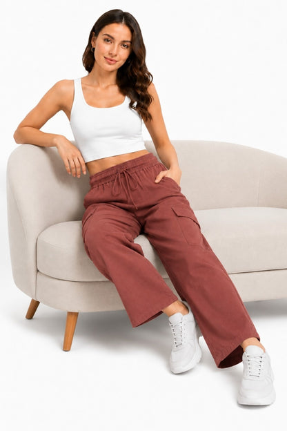 Women Smart Straight Fit Slay Cargo Pants-Chocolate