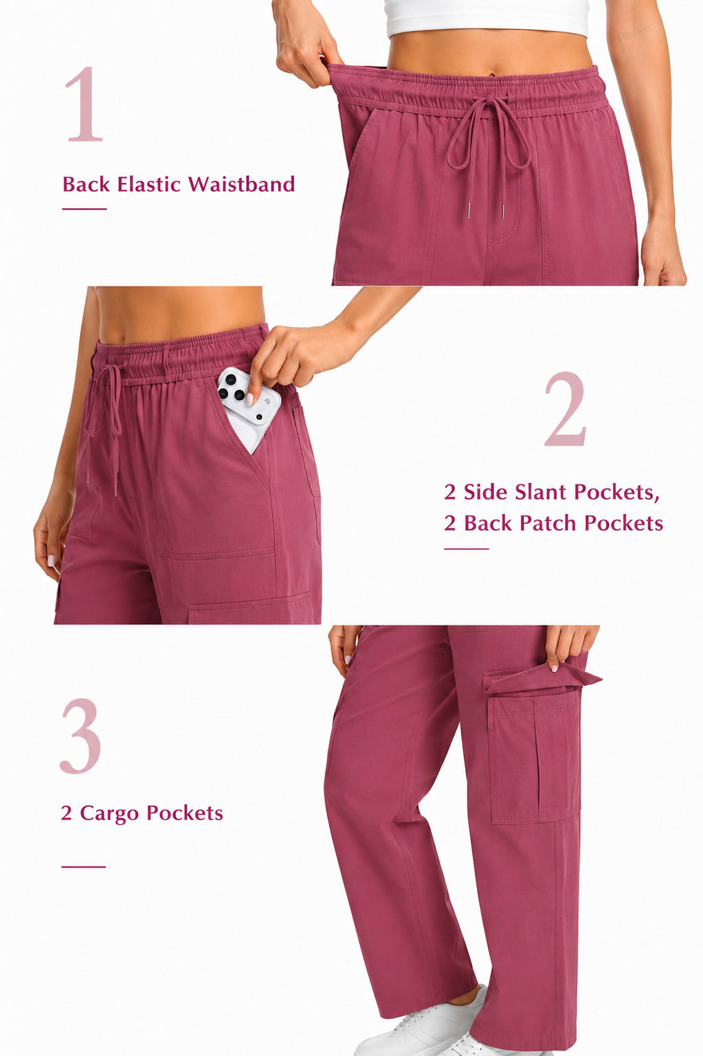 Women Smart Straight Fit Easy Wash Cargo Pants-Rose Pink