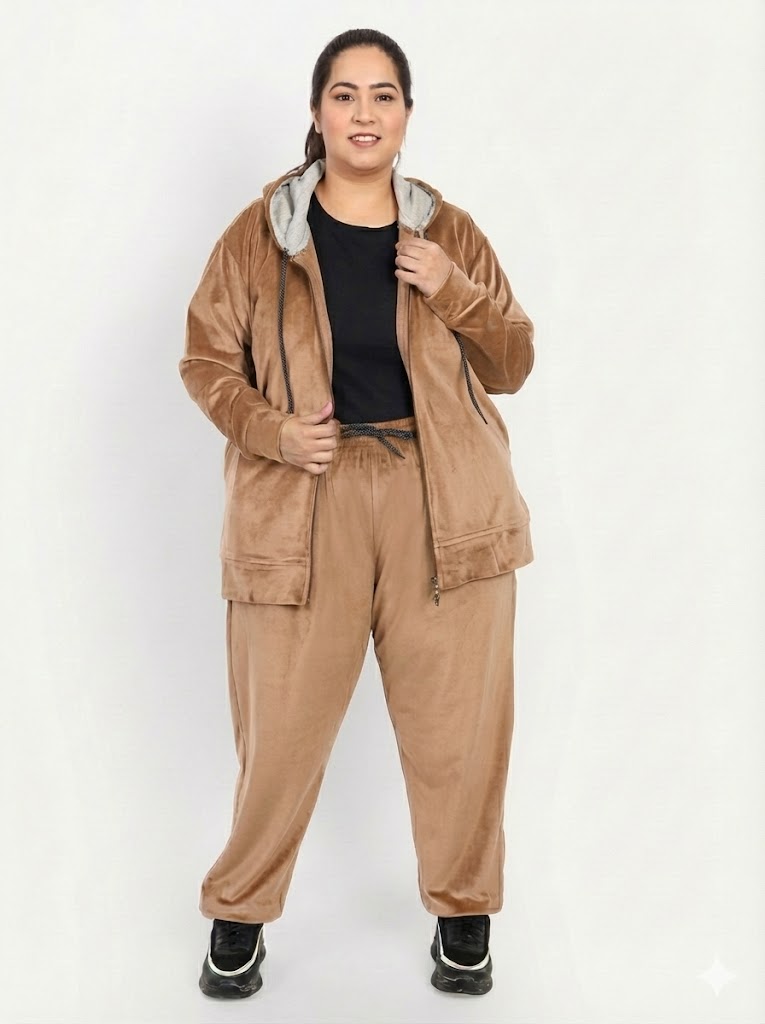 Winter Cotton Velvet Tracksuit For Women - Mocha