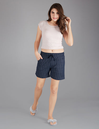 Comfortable Navy Blue Printed Cotton Lounge Shorts for Women Online In India