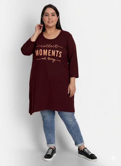 Cotton Long Hip Covering Top for Women Plus Size - Full Sleeve - Wine