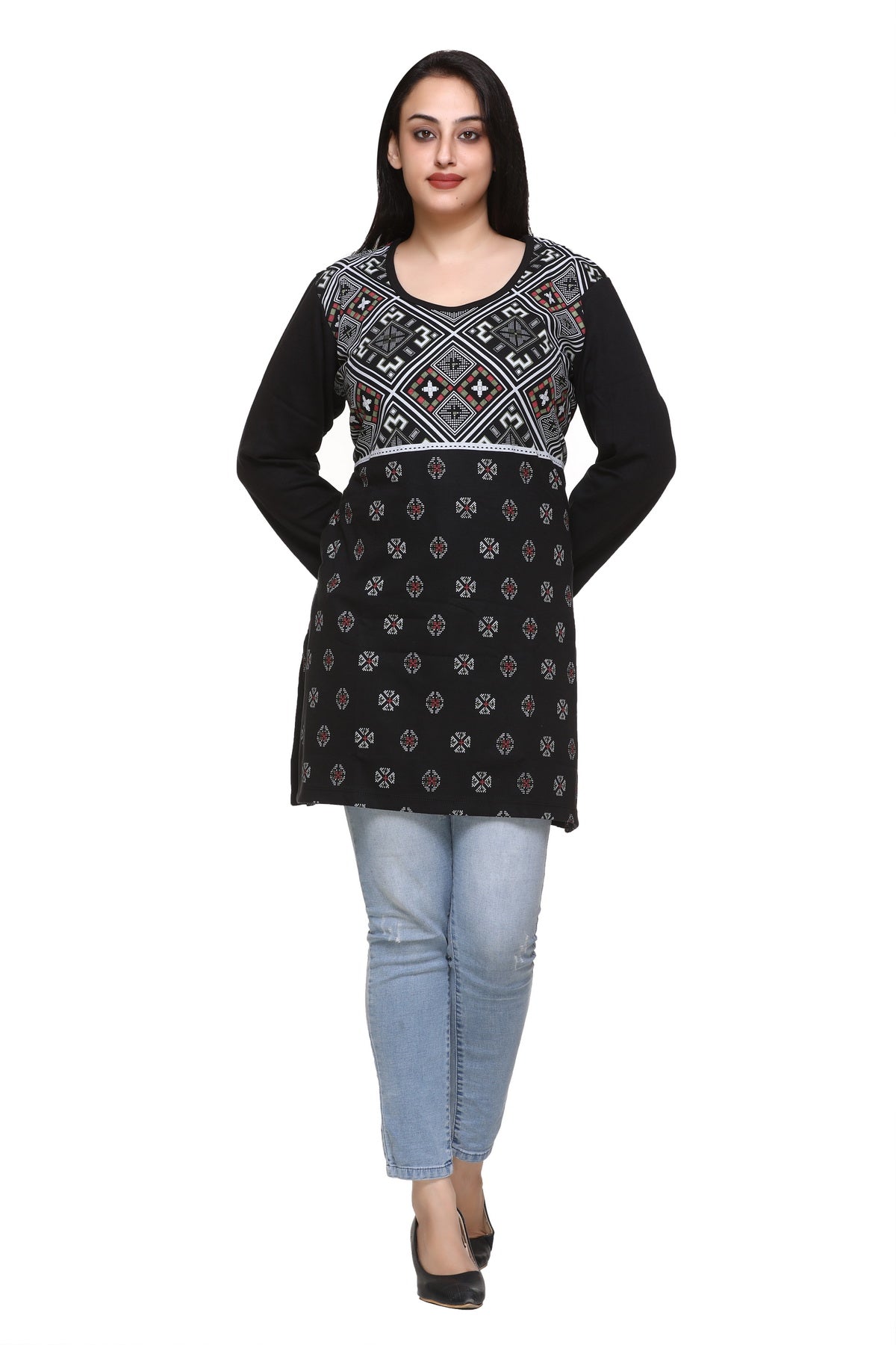 Women Plus Size Full Sleeves Black Kurti print Long Top for Winters & Semi Winters freeshipping - Cupid Clothings